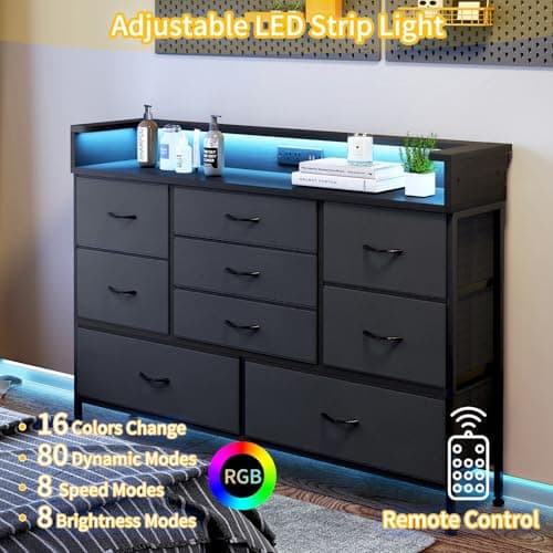 Black LED Dresser with 9 Drawers and Charging Station for Kid's Room or Living Space
