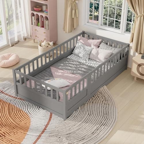 Wood Montessori Twin Floor Bed with Rails for Kids, Boys, Girls