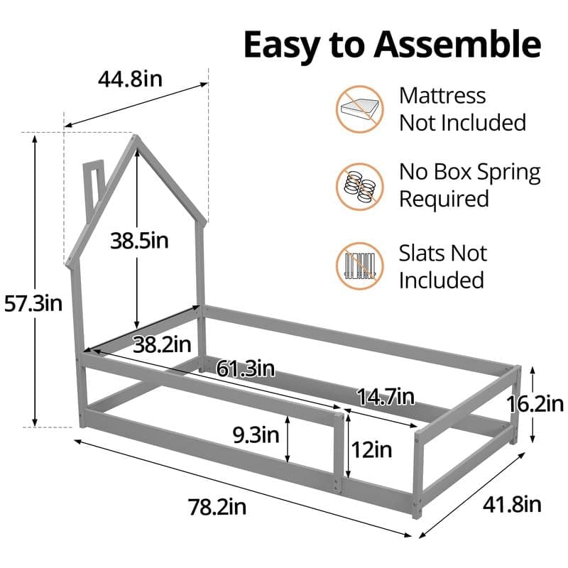 i-POOK Montessori Twin Size Floor Bed, Grey with Headboard & Guardrails