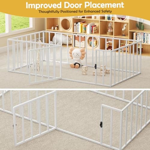 LOVMOR Safety-Fenced Twin Metal Floor Bed for Kids with Door