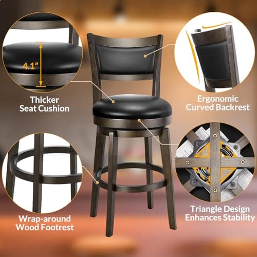 PrimeZone Set of 4 Black Faux Leather 24 Counter Height Bar Stools with High Backrest and Wood Legs