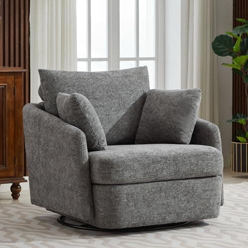 Oversized Green Chenille Swivel Chair with Ottoman