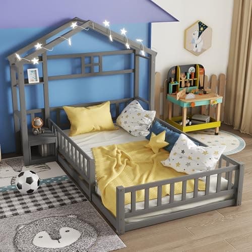 Montessori Wood Twin House Bed with Fence Guardrails & Stand, White