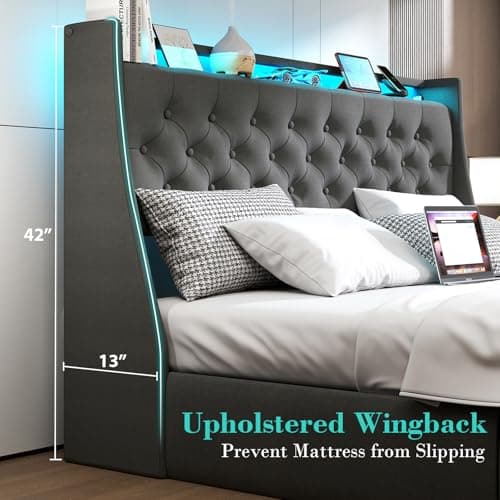 Queen Size Bed Frame with Storage Drawers & LED Lights, Upholstered Headboard, Charging Station, Steel Support, No Box S