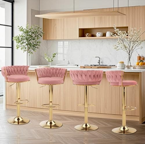 VECELO Pink Velvet Bar Stool Set, 4-Piece Gold Leg Counter Height Swivel