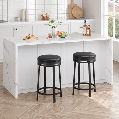 IDEALHOUSE Black Backless Swivel Bar Stools Set of 2, 24" Counter HeightPU Leather & Metal