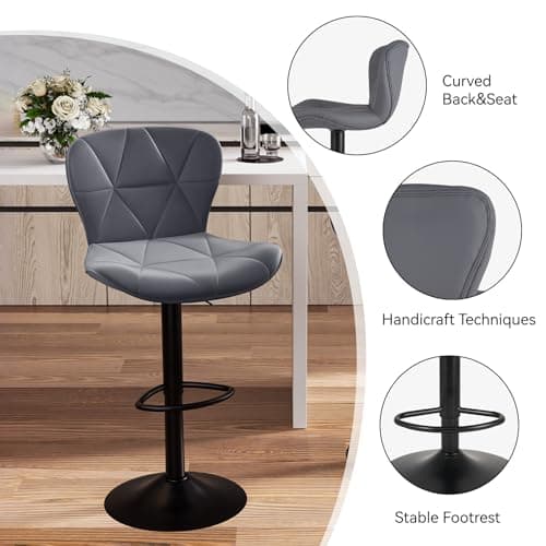 Dark Grey Adjustable Faux Leather Bar Stools, Counter Height Swivel Chairs with Back for Kitchen Island