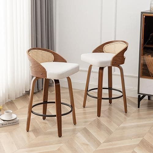 Mid-Century Modern Beige Rattan Swivel Bar Stool Set, 26" Walnut Finish