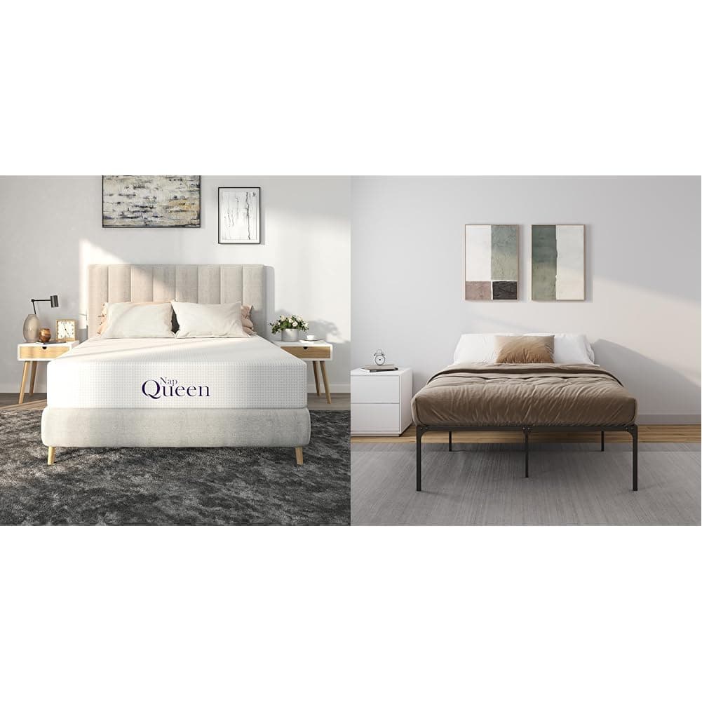 NapQueen 12 Inch Queen Charcoal Memory Foam Mattress & Heavy Duty Bed Frame