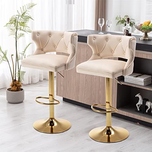 Adjustable Velvet Swivel Bar Stools Set of 2, Beige