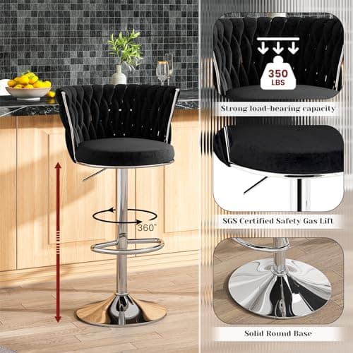 AWQM Black Bar Stool Set, Modern Swivel Velvet Chairs for Bar, Kitchen, and Dining