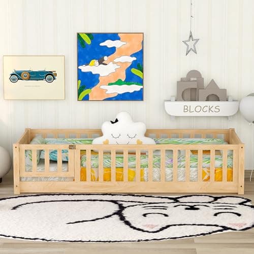Bellemave Twin Size Floor Bed with Door & Safety Guardrails for Kids