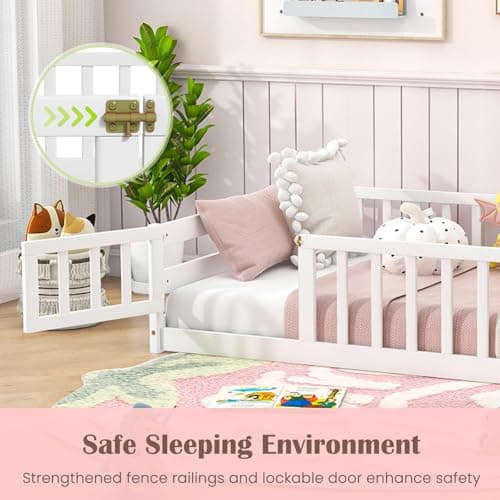 Giantex Safety Floor Bed with Door & Fence, Twin, White