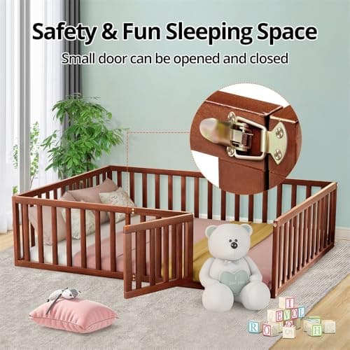 Montessori Floor Bed for Kids, Queen Size with Fence & Door - Walnut