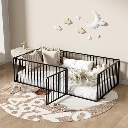 Montessori Safety Floor Bed Frame for Kids, Black No Box Spring Needed