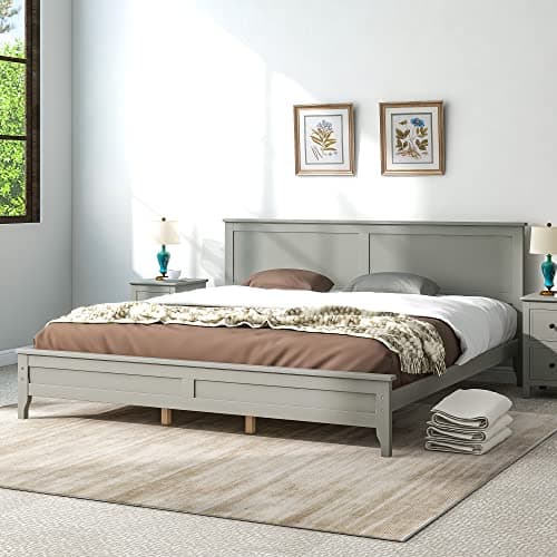 i-POOK Gray King Size Solid Wood Platform Bed with Headboard and Wood Slat Support