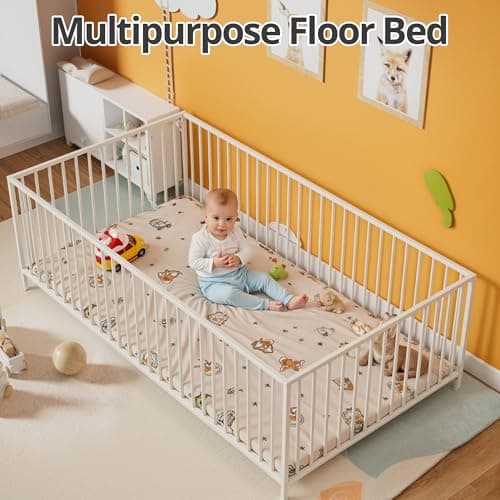 Montessori Metal Safety Guardrail Floor Bed for Kids, White