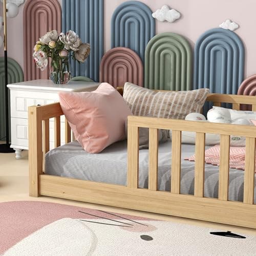 Sturdy Montessori Twin Floor Bed with Guardrail for Kids, No Box Spring Needed,Natural