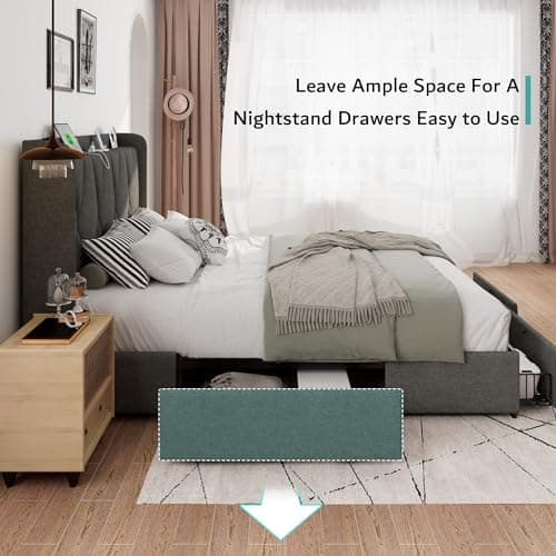 iPormis Dark Grey Queen Bed Frame with Storage & Charging Station