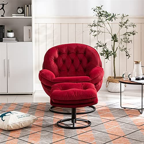 Velvet Swivel Accent Chair with Ottoman Set for Living Room, Red