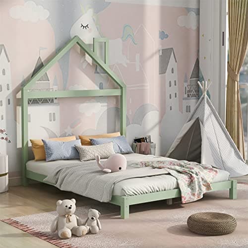 i-POOK Montessori Full Size Wood Platform Bed, Green, No Box Spring Needed