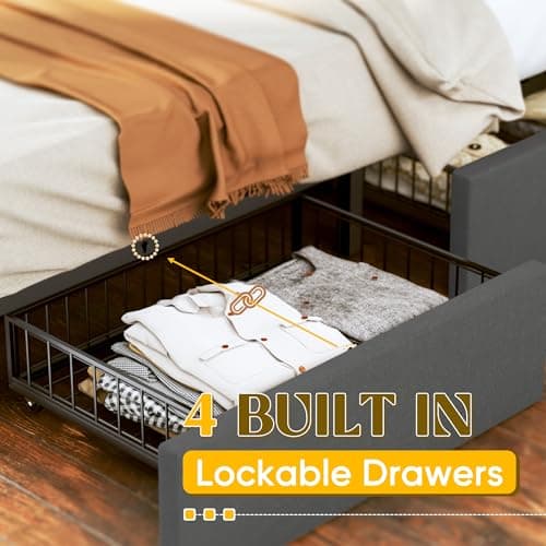 Queen Bed Frame with Headboard Storage Drawers, Mattress Foundation, Grey
