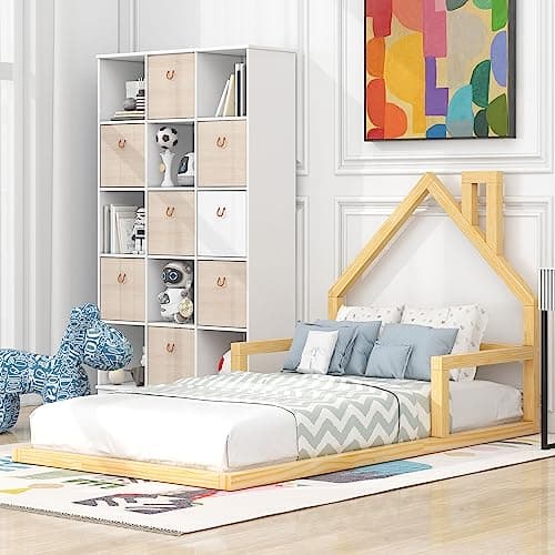 MERITLINE Twin Montessori Floor Bed with House-Shaped Headboard (Natural)