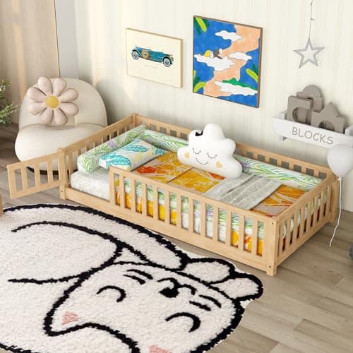 Bellemave Twin Size Floor Bed with Door & Safety Guardrails for Kids