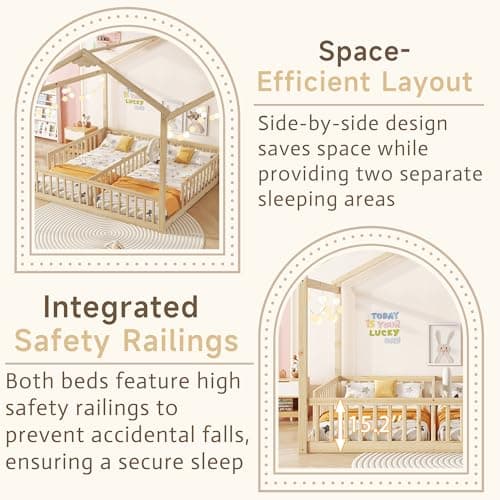Twin Bed Frames for Kids, Montessori Wood Fence Railings, Natural Tone