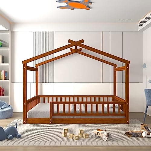i-POOK Kids Full Size Montessori House Bed with Fence, Roof, Walnut Wood Frame