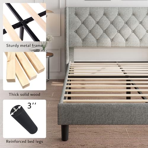 iPormis Queen Size Button Tufted Platform Bed, Light Gray, 8" Space Underneath