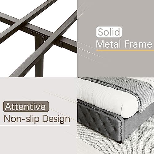 Dark Gray Queen Bed Frame with Storage Drawers and Adjustable Headboard