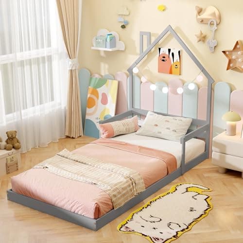 Giantex White Wood Floor Bed for Kids with Chimney Headboard & Handrail