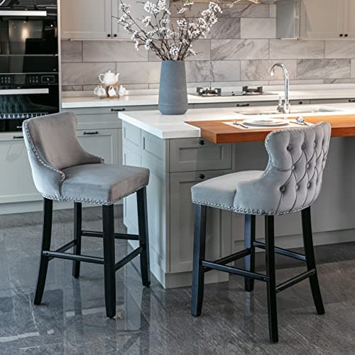 Velvet Upholstered Counter Height Bar Stools Set of 2 for Kitchen Island or Dining Room, Gray