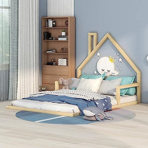 Harper & Bright Designs FullSize House-Shaped Kids Bed, Solid Wood Slats, No Box Spring Needed,Natural
