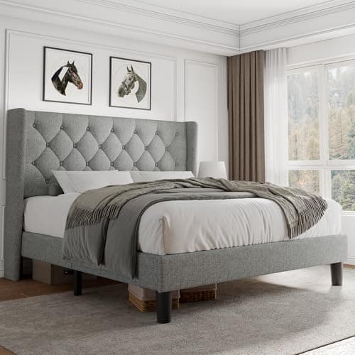 iPormis Queen Size Button Tufted Platform Bed, Light Gray, 8" Space Underneath