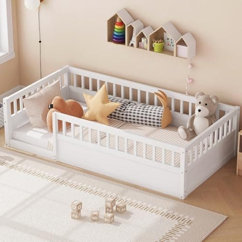 Montessori Twin Floor Bed with Fence & Open Door, High Guardrails &Wood Baffle Design,Natural