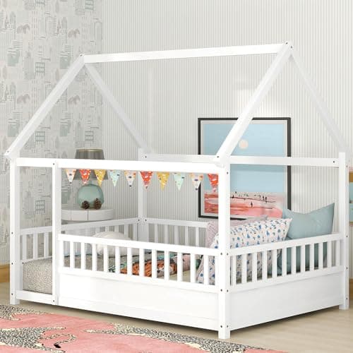 Full Size Wood Montessori Floor Bed with High Fence & Roof