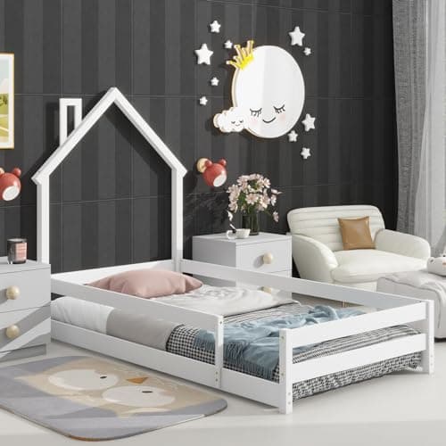 Montessori Twin Wooden Floor Bed with House-Shaped Headboard and Fence Guardrails, White