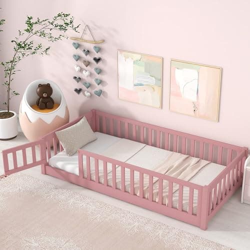Twin Size Wood Montessori Bed with Convertible Door & Safety Guardrails for Kids, Espresso