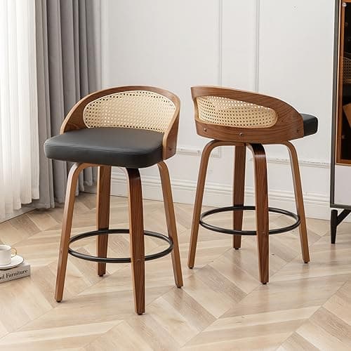 Mid-Century Modern Beige Rattan Swivel Bar Stool Set, 26" Walnut Finish