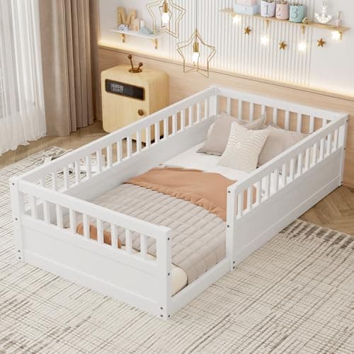 Sturdy Full Size Toddler Floor Bed with Safety Fence (White)