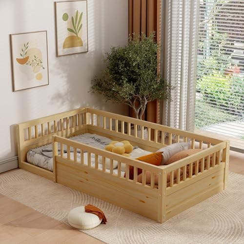 Twin Size Toddler Floor Bed Frame with High Rails & Montessori Design (Natural)