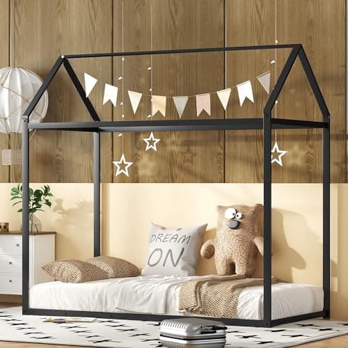 Bellemave Metal Twin Floor Bed for Kids, Black with Roof
