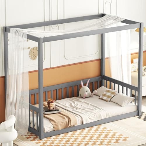 Twin Size Floor Bed Canopy Frame for Kids, Wood Fence, Natural, No Box Spring Needed