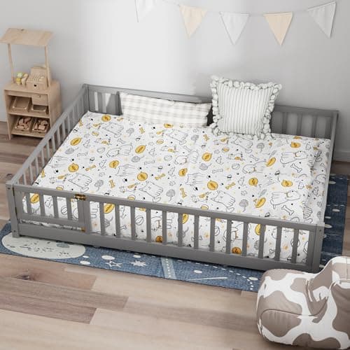 Queen Size Solid Wood Platform Bed Frame, Fence-Shaped Guardrails, Gray