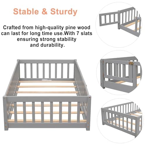 Solid Wood Twin Floor Bed with Door, Fence, Slats, and Guardrails for Kids - Gray