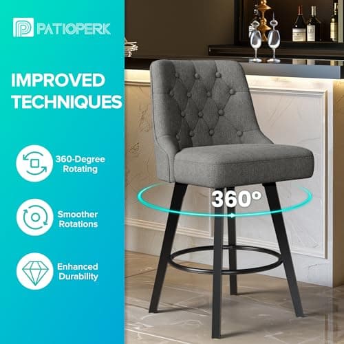 Retro Upholstered Swivel Bar Stools, 360 Rotation, Gray Linen, Solid Wood Legs, Kitchen Island, 26" H Seat