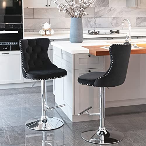 Modern Swivel Velvet Bar Stools Set of 2 with Backrest and Footrest - Black