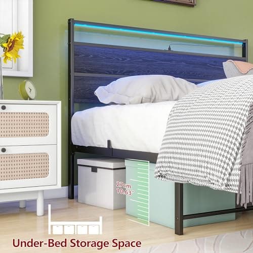 Full Size Metal Bed Frame with Headboard & LED Lights & Charging Station
